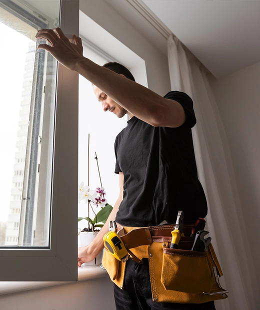 Un menuisier réglant une fenêtre